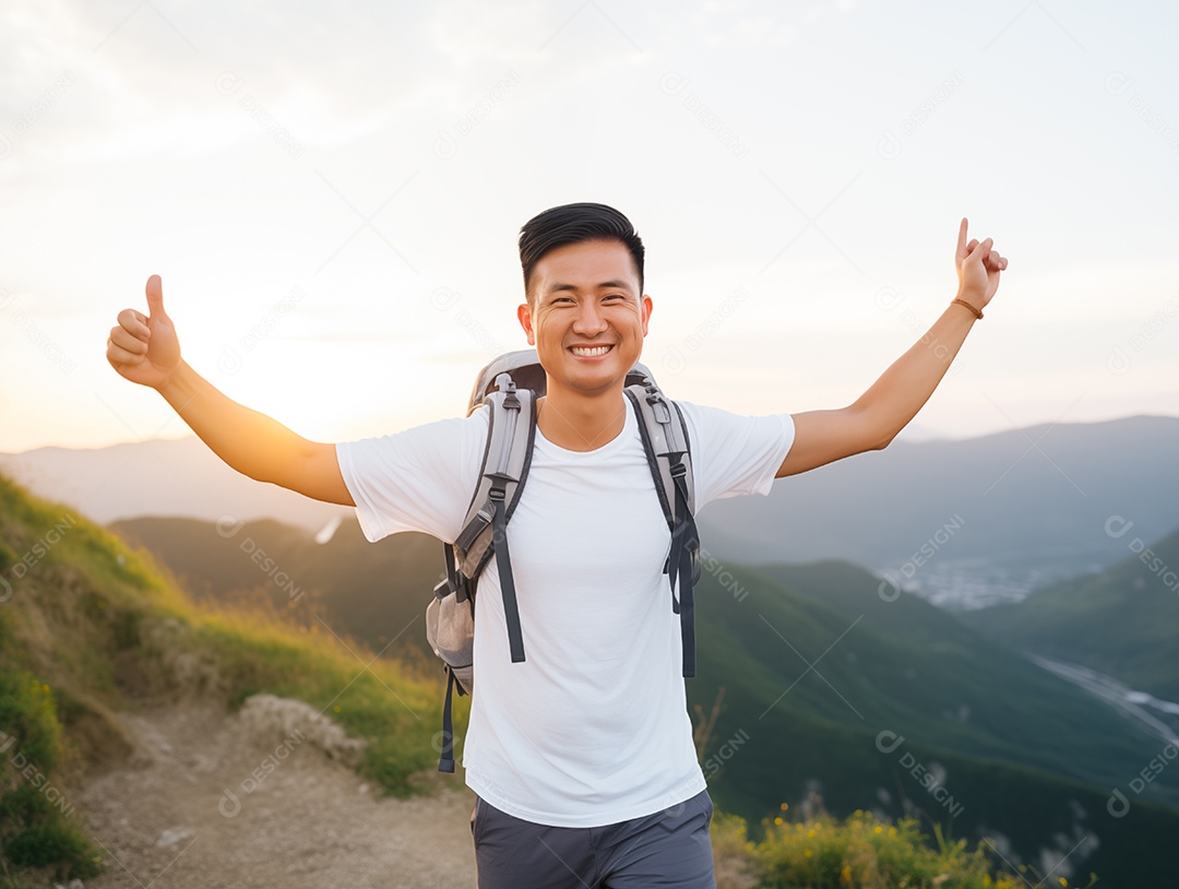 Retrato de um homem asiático se sentindo feliz após caminhar no topo da montanha sob a luz do pôr do sol