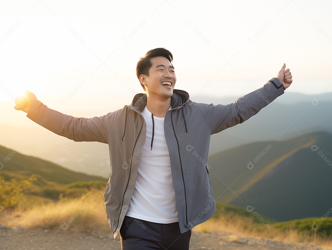 Retrato de um homem asiático se sentindo feliz após caminhar no topo da montanha sob a luz do pôr do sol