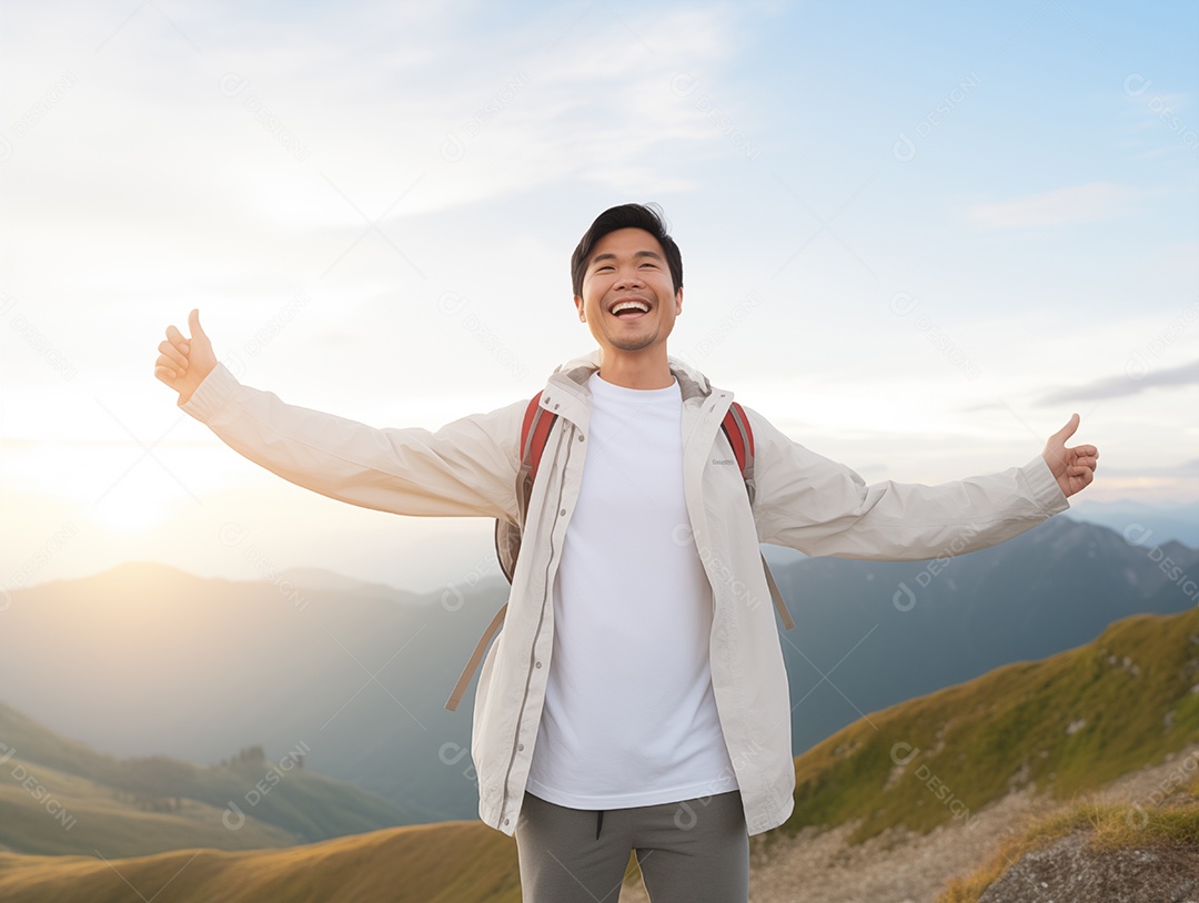 Retrato de um homem asiático se sentindo feliz após caminhar no topo da montanha sob a luz do pôr do sol