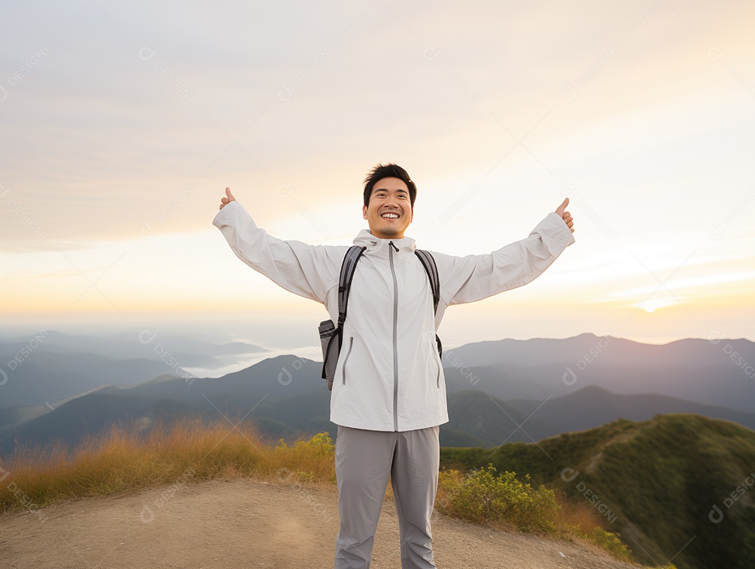 Retrato de um homem asiático se sentindo feliz após caminhar no topo da montanha sob a luz do pôr do sol
