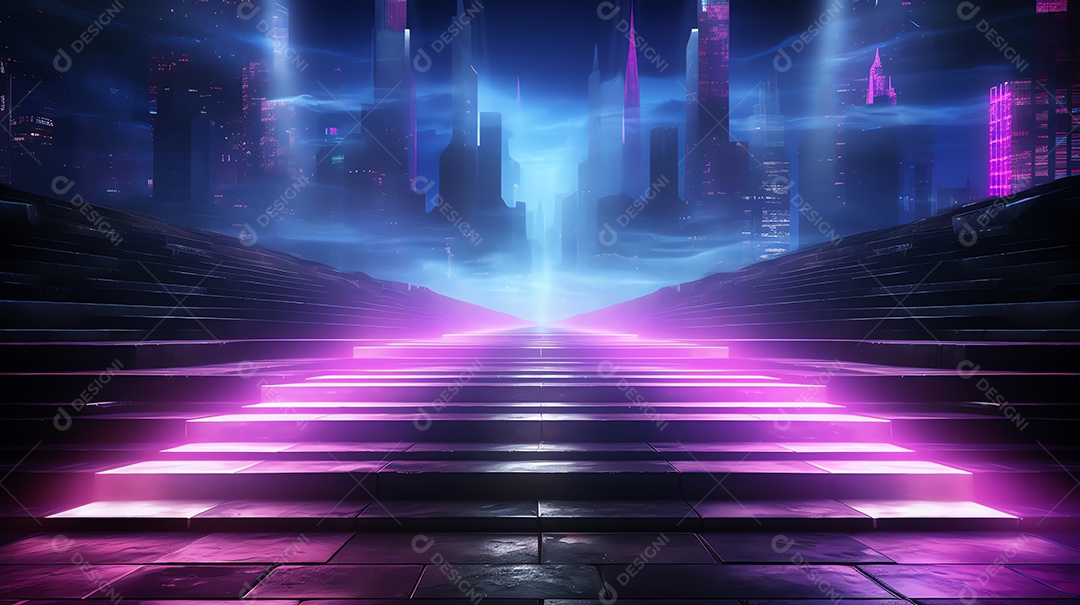 Resumo de paisagem urbana futurista em noite de neon com degraus de escada