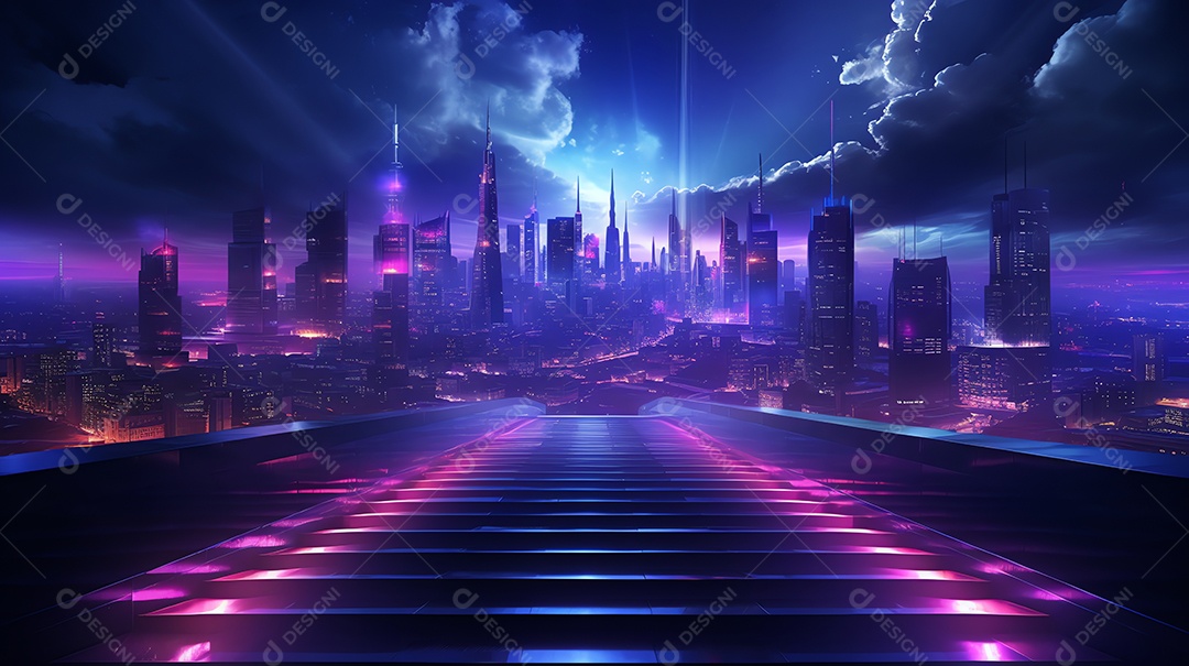 Resumo de paisagem urbana futurista em noite de neon com degraus de escada