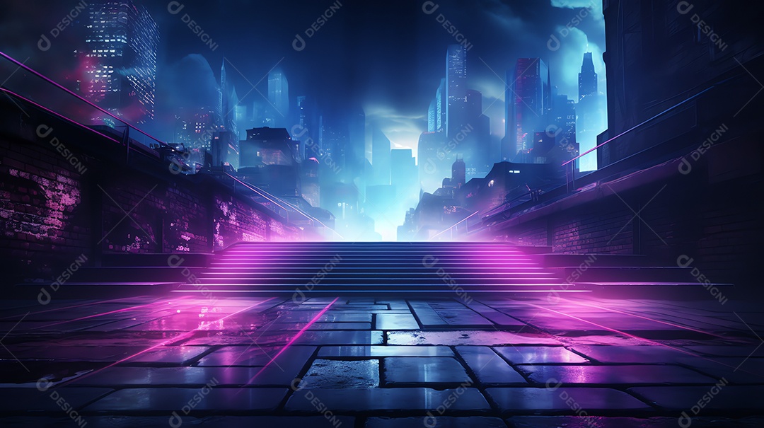 Resumo de paisagem urbana futurista em noite de neon com degraus de escada