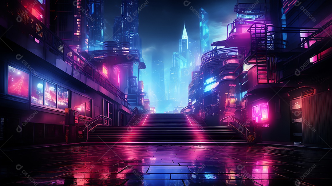 Resumo de paisagem urbana futurista em noite de neon com degraus de escada