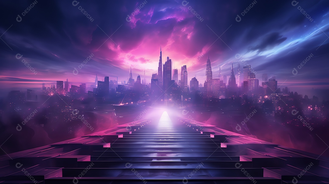 Resumo de paisagem urbana futurista em noite de neon com degraus de escada