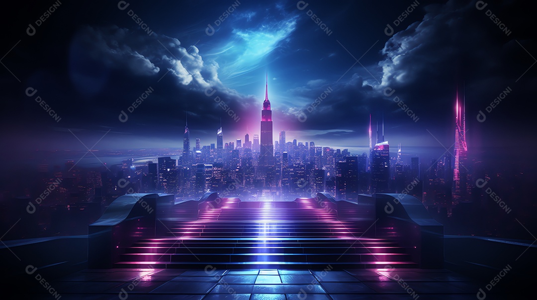 Resumo de paisagem urbana futurista em noite de neon com degraus de escada