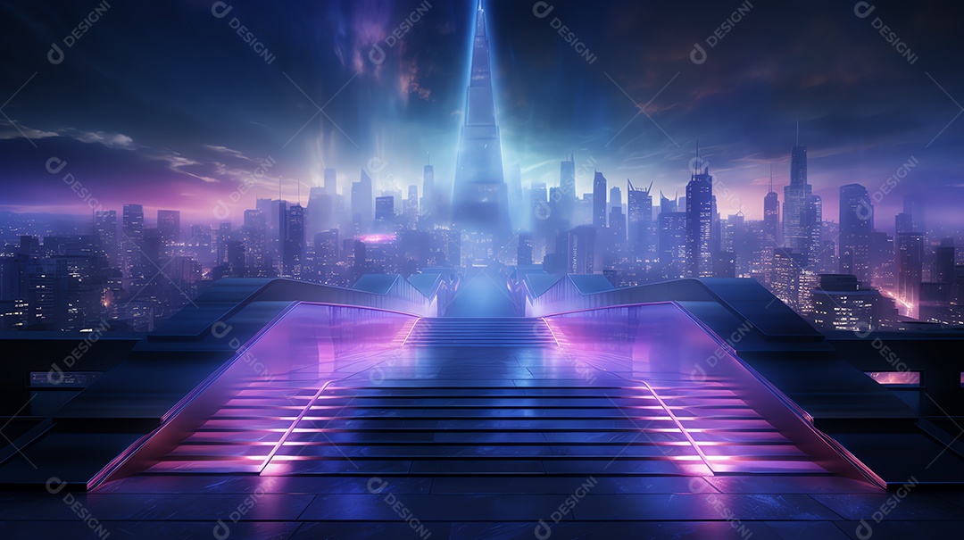 Resumo de paisagem urbana futurista em noite de neon com degraus de escada