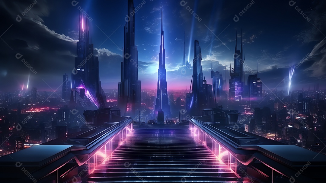 Resumo de paisagem urbana futurista em noite de neon com degraus de escada