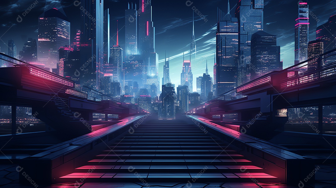 Resumo de paisagem urbana futurista em noite de neon com degraus de escada