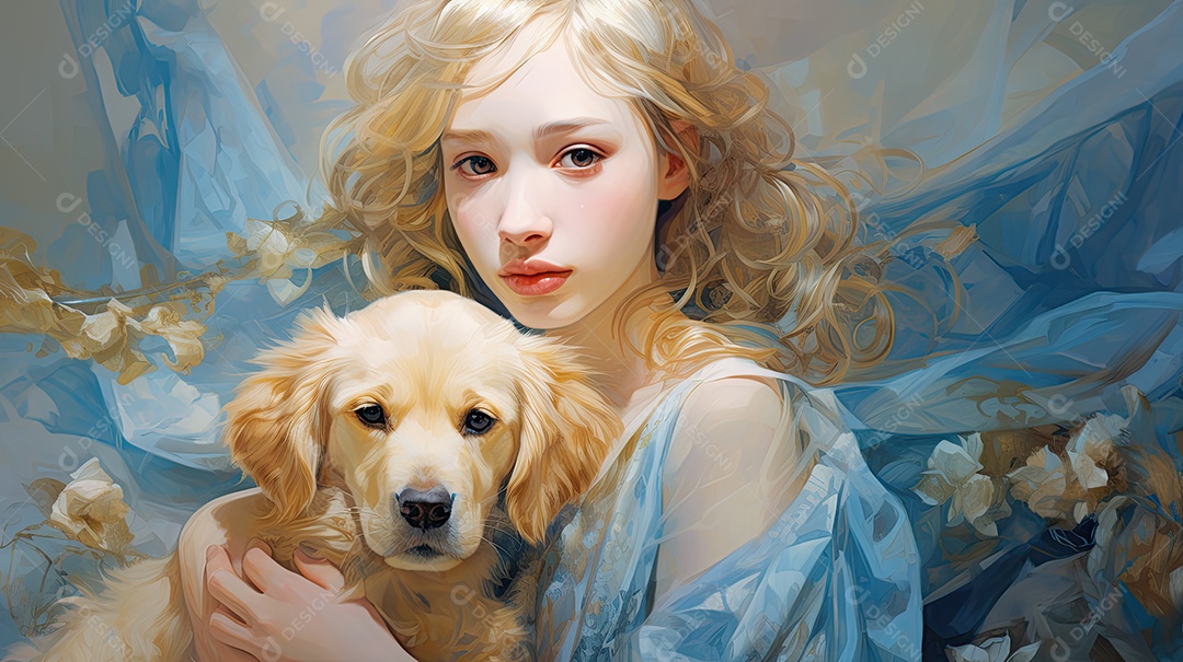 Uma garota com um cachorro lindos abraçados