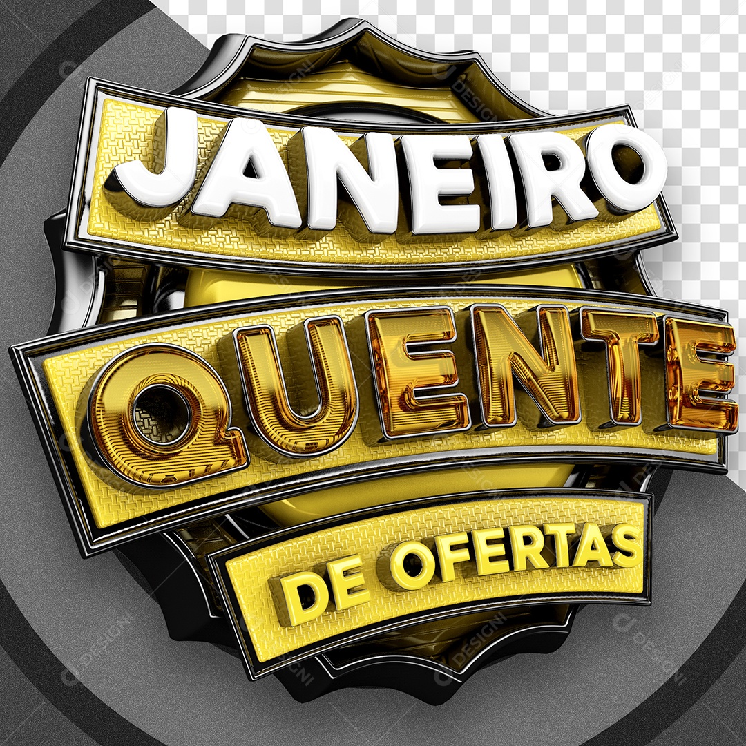 Janeiro Quente de Ofertas Selo 3D Preto Branco Dourado para Composição PSD
