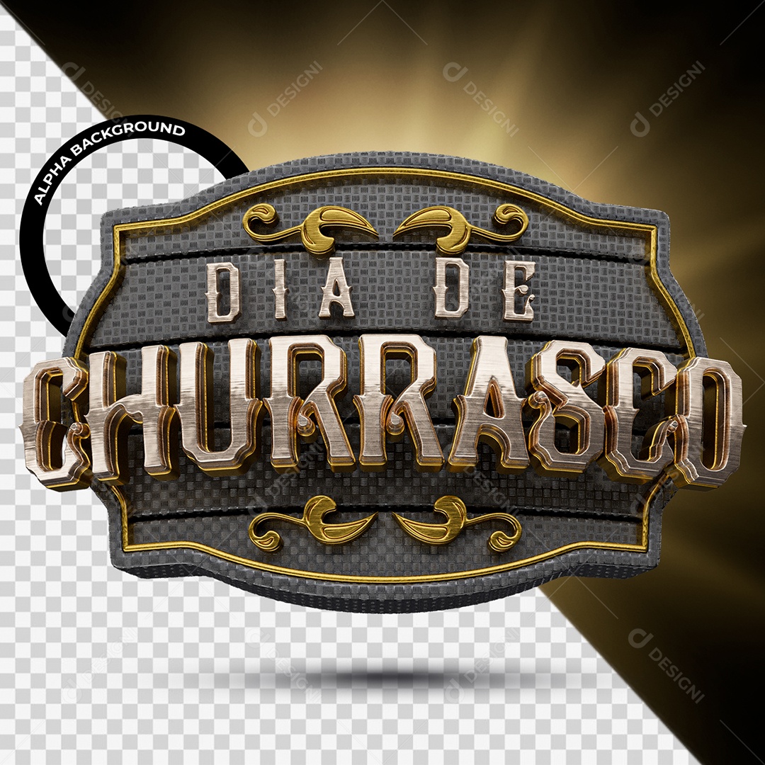Dia De Churrasco Selo 3D Preto Dourado e Prata para Composição PSD