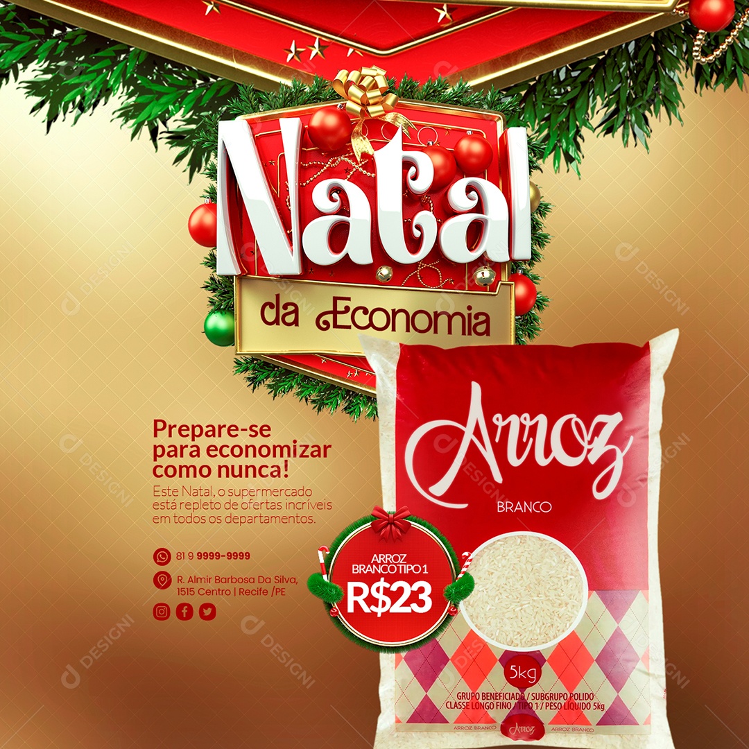 Natal da Economia Supermercado Arroz Branco Prepare se para Economizar Como Nunca Social Media PSD Editável