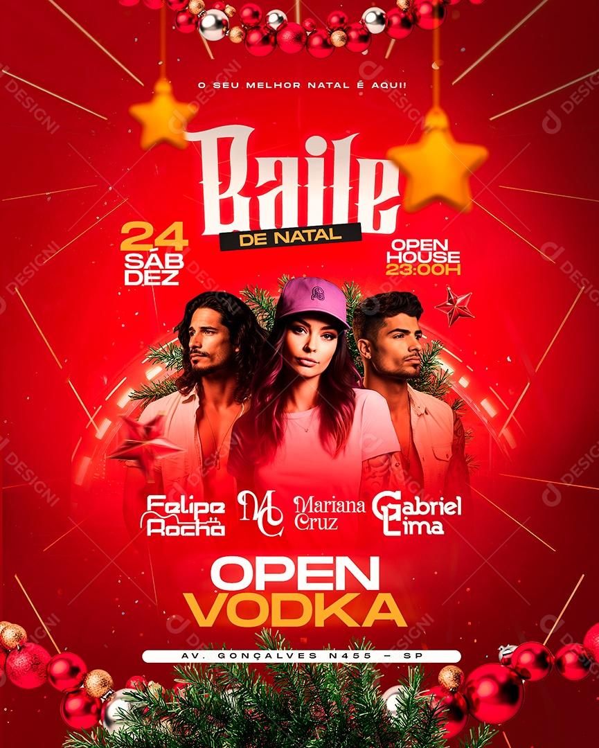 Flyer Baile De Natal Felipe Rocha Mariana Cruz Gabriel Lima Social Media PSD Editável