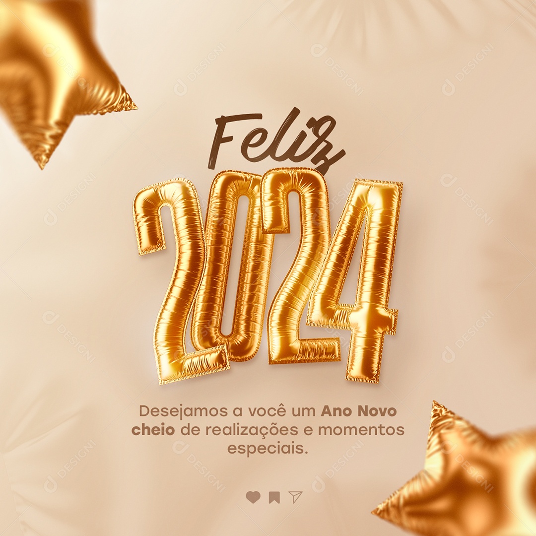 Feliz 2024 Desejamos a Você um Ano Novo Cheio de Realizações Social Media PSD Editável