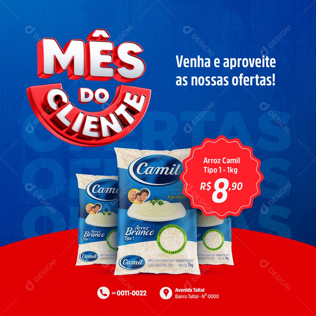 Mês do Cliente Supermercado Venha e Aproveite Arroz Social Media PSD Editável