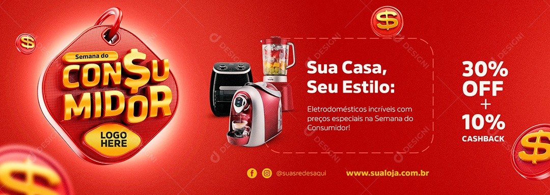 Banner Semana Do Consumidor Loja de Eletrodoméstico 30% Off Cafeteira Liquidificador Social Media PSD Editável