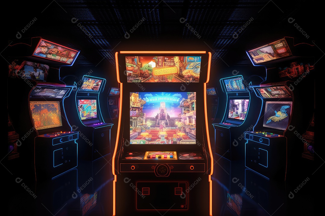 Sala de jogos com máquinas de fliperama para diversão e nostalgia