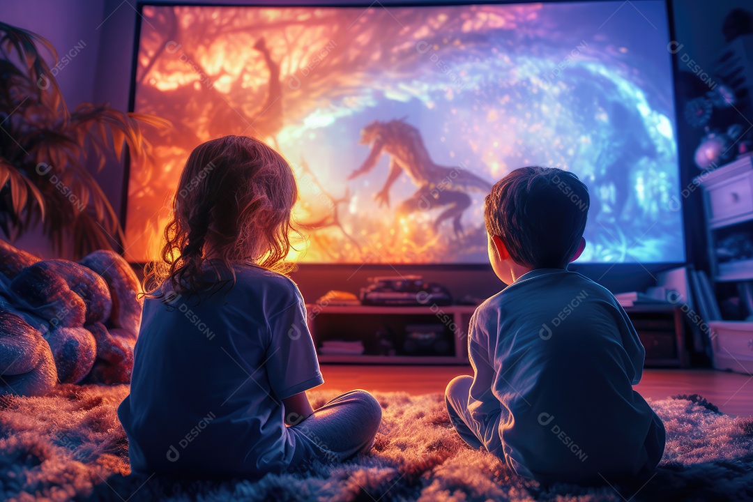 Crianças jogando videogame com televisão LED sentadas no chão do quarto à noite