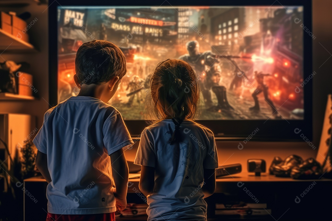 Crianças jogando videogame com televisão LED sentadas no chão do quarto à noite