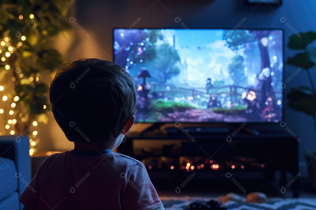 Crianças jogando videogame com televisão LED sentadas no chão do quarto à noite