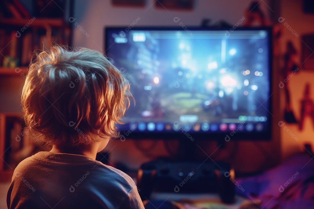 Crianças jogando videogame com televisão LED sentadas no chão do quarto à noite