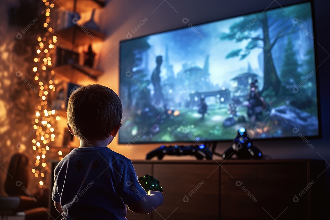 Crianças jogando videogame com televisão LED sentadas no chão do quarto à noite