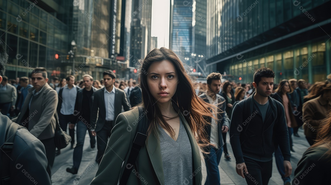 Multidão de pessoas andando em ruas movimentadas, movendo-se rapidamente pelo centro da cidade