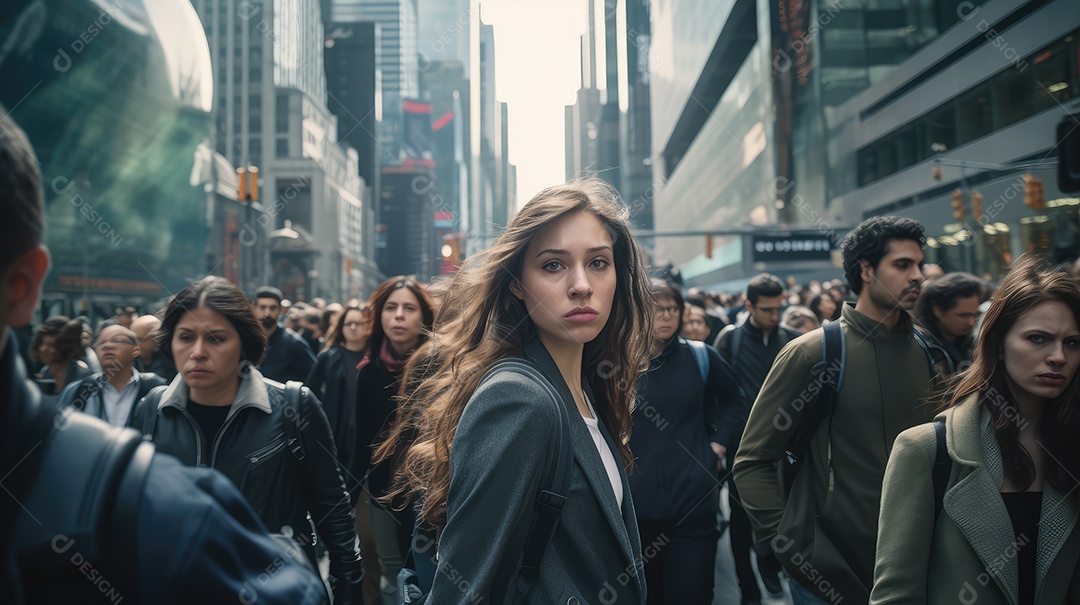 Multidão de pessoas andando em ruas movimentadas, movendo-se rapidamente pelo centro da cidade