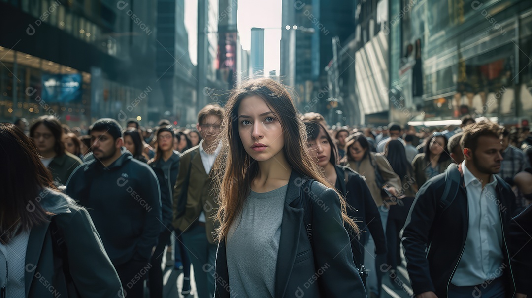 Multidão de pessoas andando em ruas movimentadas, movendo-se rapidamente pelo centro da cidade