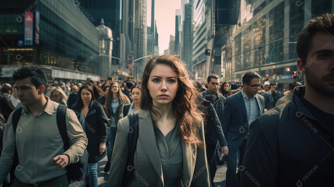 Multidão de pessoas andando em ruas movimentadas, movendo-se rapidamente pelo centro da cidade