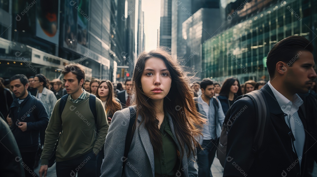 Mulher executiva, jovem empresária e mulher de negócios andando na movimentada rua do centro da cidade