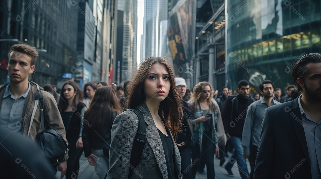 Mulher executiva, jovem empresária e mulher de negócios andando na movimentada rua do centro da cidade