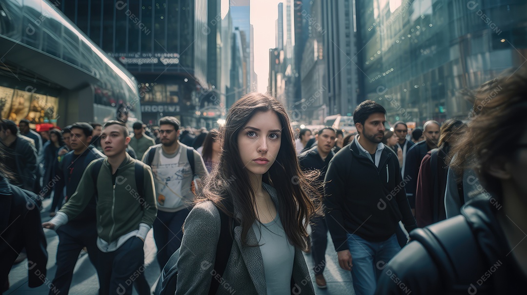 Mulher executiva, jovem empresária e mulher de negócios andando na movimentada rua do centro da cidade