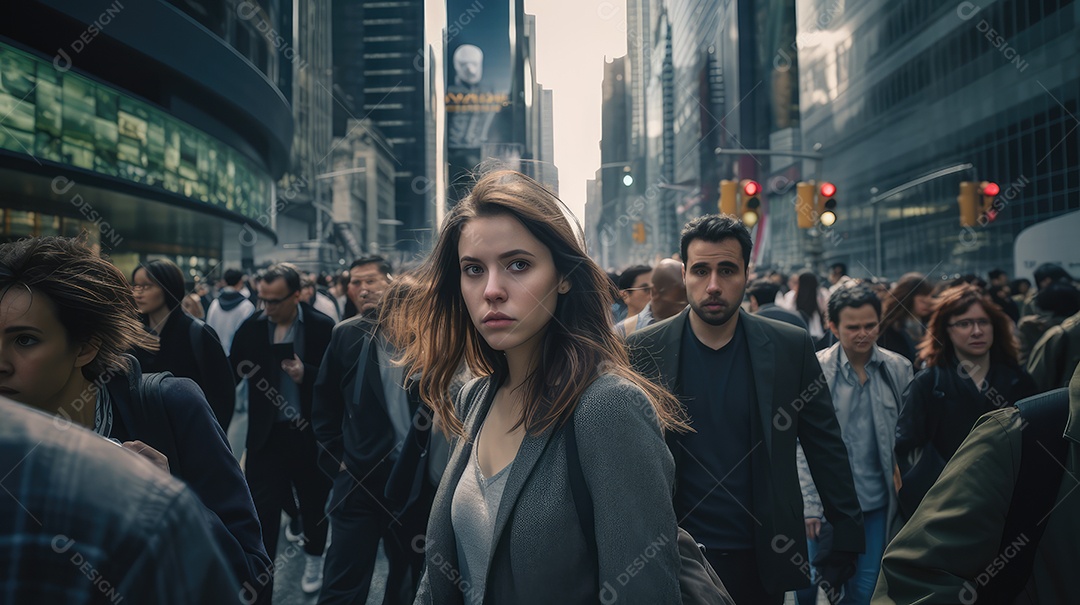 Mulher executiva, jovem empresária e mulher de negócios andando na movimentada rua do centro da cidade