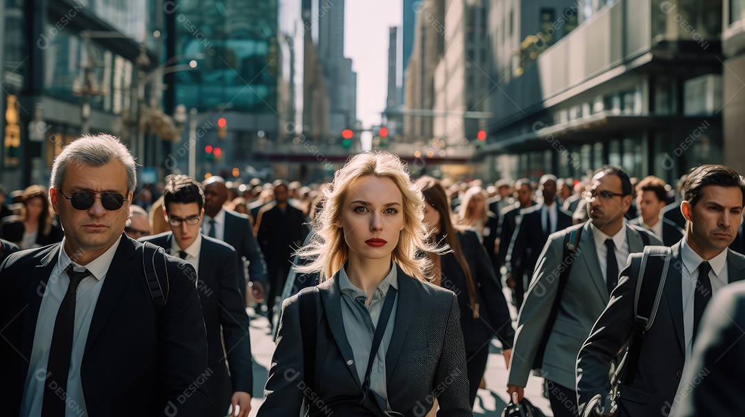 Mulher executiva, jovem empresária e mulher de negócios andando na movimentada rua do centro da cidade