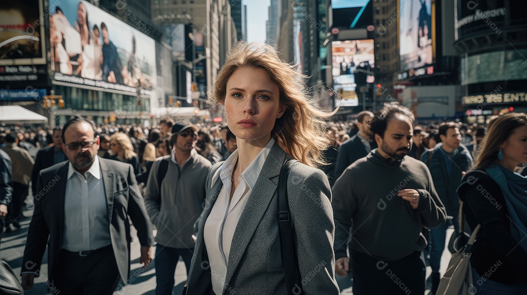 Mulher executiva, jovem empresária e mulher de negócios andando na movimentada rua do centro da cidade