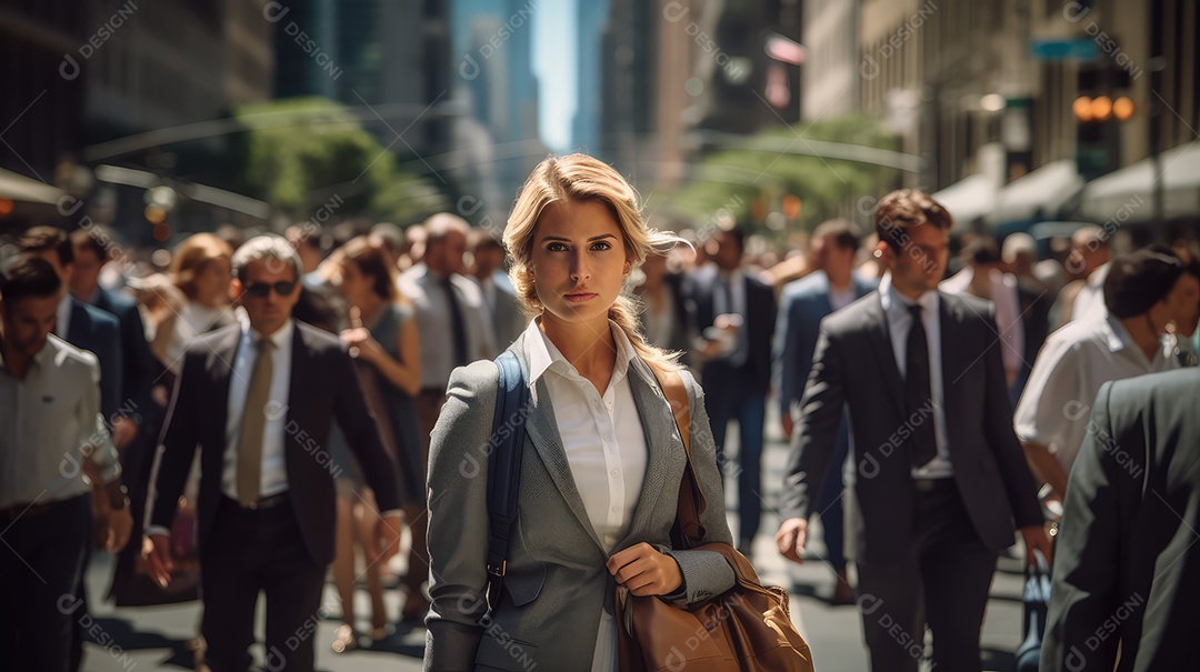 Mulher executiva, jovem empresária e mulher de negócios andando na movimentada rua do centro da cidade