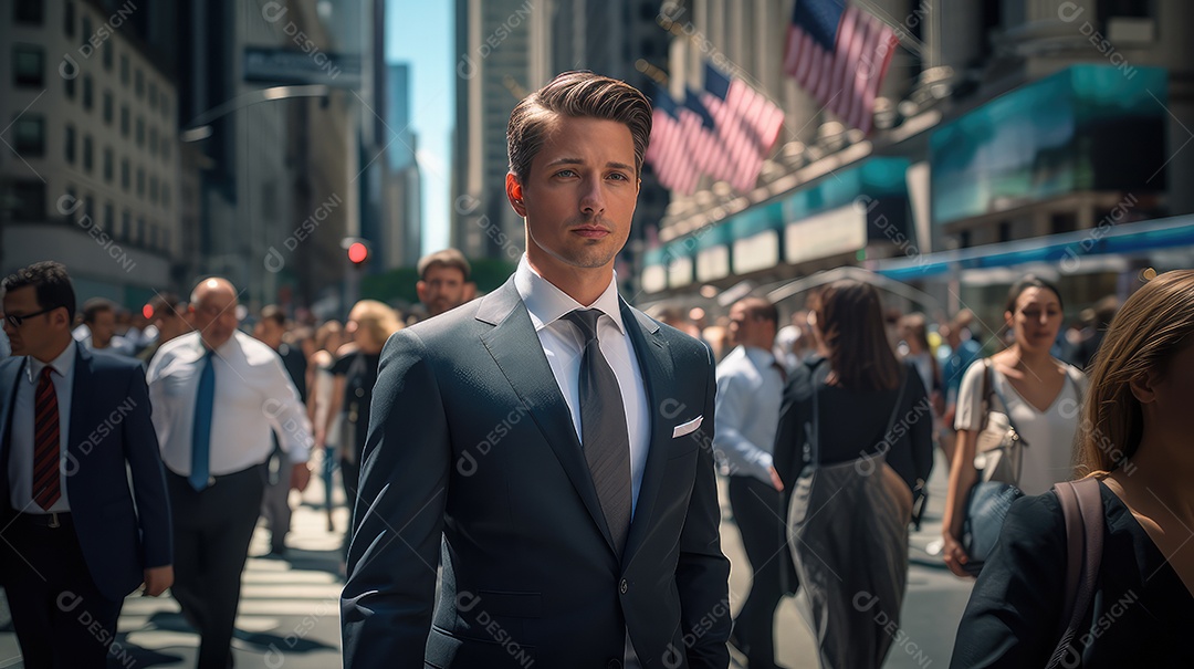 Homem executivo, jovem empresário e empresário andando na movimentada rua do centro da cidade