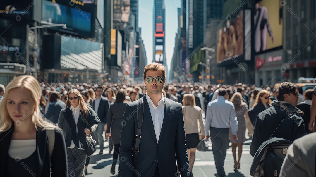 Homem executivo, jovem empresário e empresário andando na movimentada rua do centro da cidade