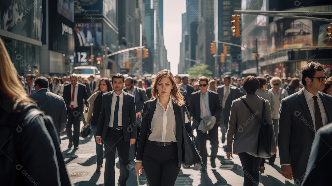 Mulher executiva, jovem empresária e mulher de negócios andando na movimentada rua do centro da cidade