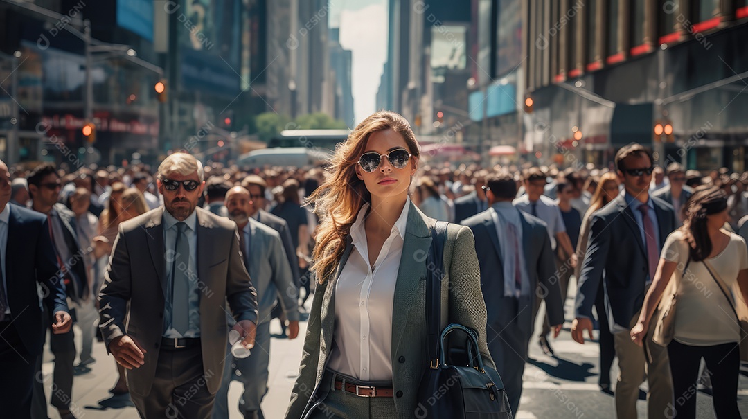 Multidão de pessoas andando em ruas movimentadas, movendo-se rapidamente pelo centro da cidade