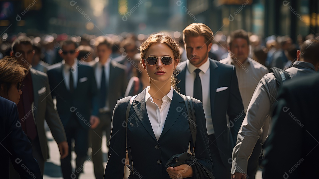 Multidão de pessoas andando em ruas movimentadas, movendo-se rapidamente pelo centro da cidade