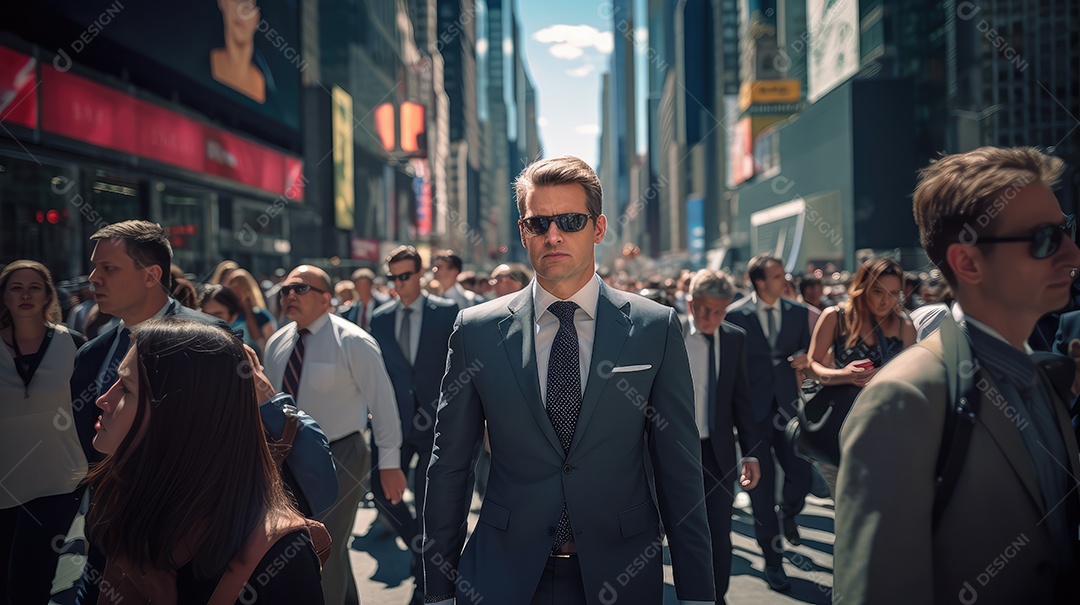 Multidão de pessoas andando em ruas movimentadas, movendo-se rapidamente pelo centro da cidade