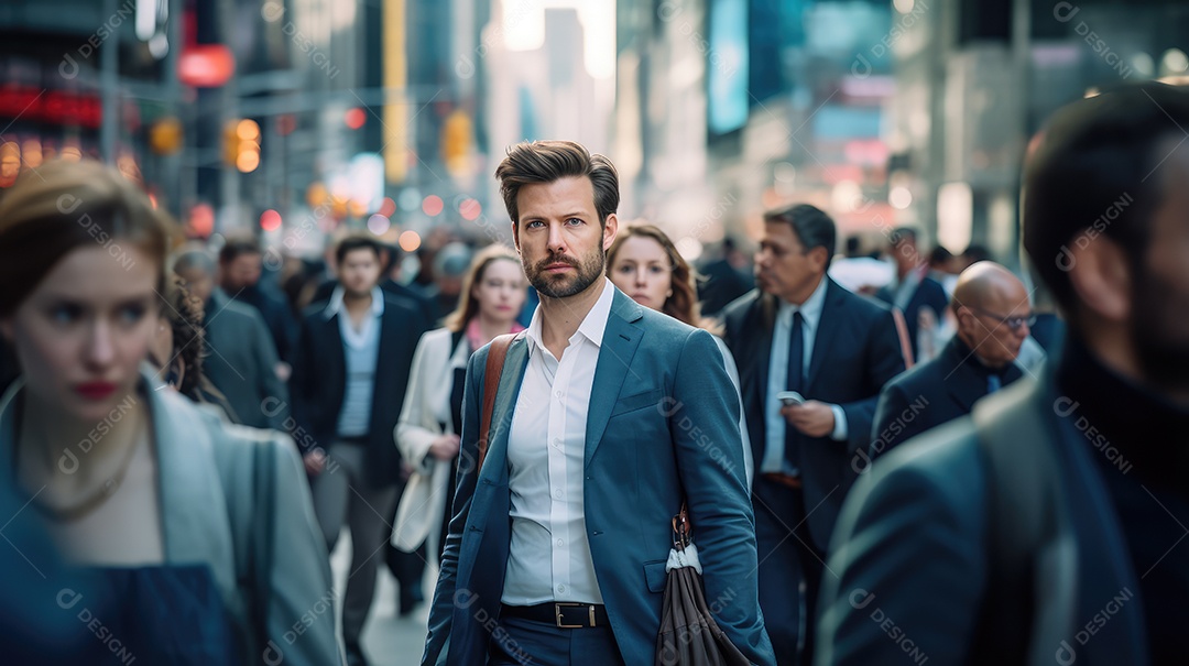 Multidão de pessoas andando em ruas movimentadas, movendo-se rapidamente pelo centro da cidade