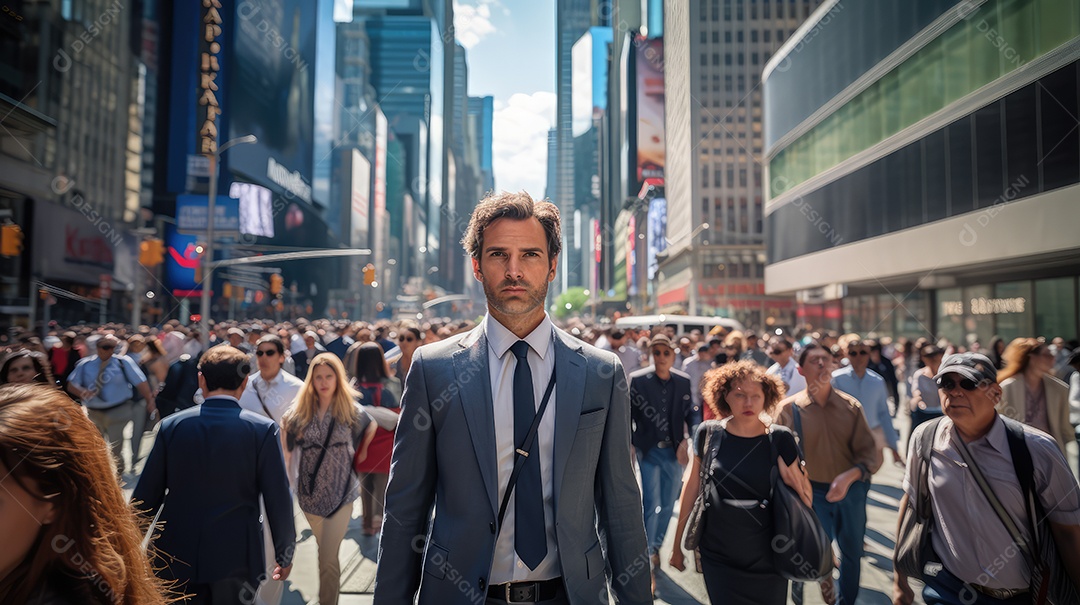 Multidão de pessoas andando em ruas movimentadas, movendo-se rapidamente pelo centro da cidade