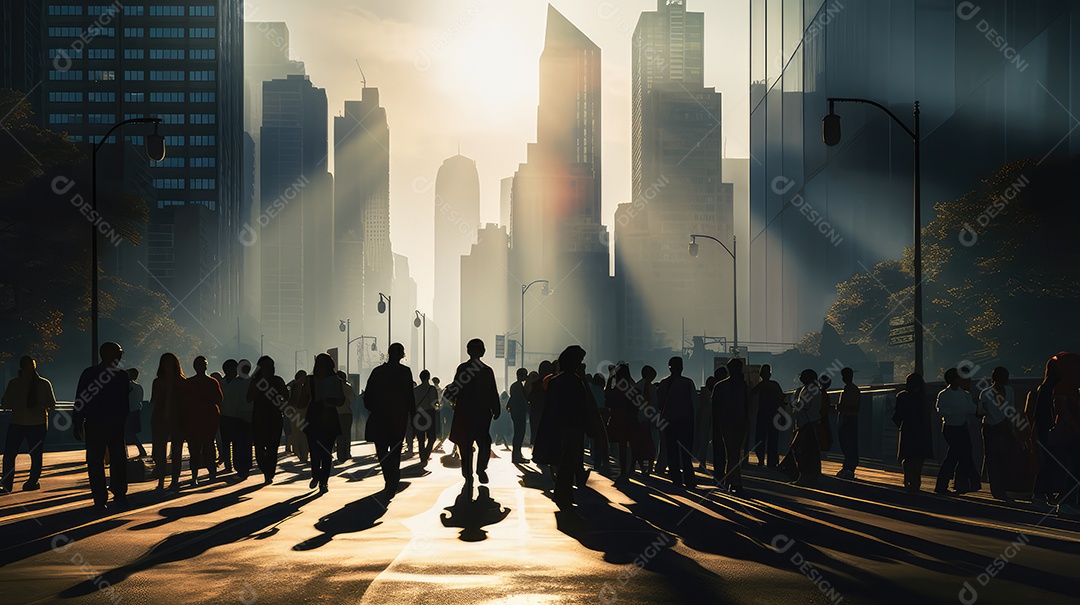 Multidão de pessoas andando em ruas movimentadas, movendo-se rapidamente pelo centro da cidade