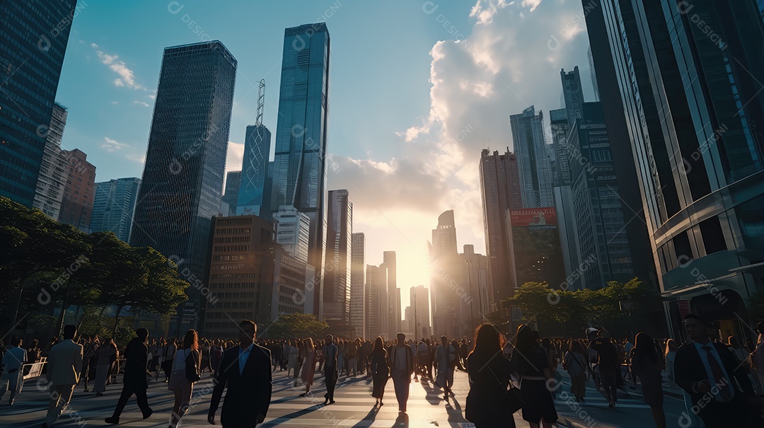 Multidão de pessoas andando em ruas movimentadas, movendo-se rapidamente pelo centro da cidade