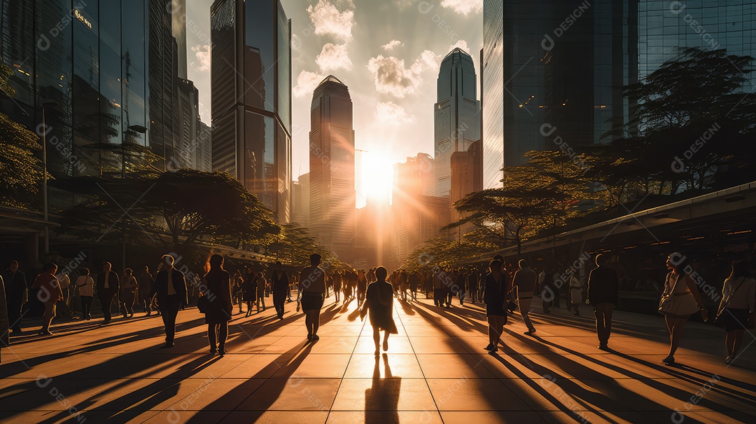 Multidão de pessoas andando em ruas movimentadas, movendo-se rapidamente pelo centro da cidade