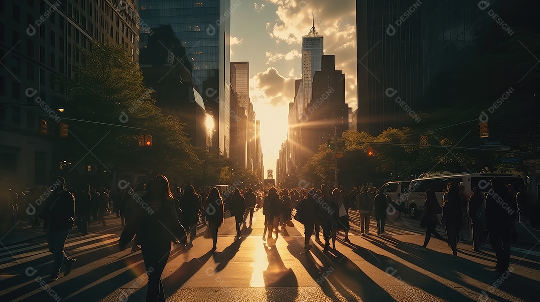 Multidão de pessoas andando em ruas movimentadas, movendo-se rapidamente pelo centro da cidade